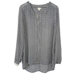 Caslon Geometric Pattern Popover Blouse size Large Blue Semi-Sheer V-Neck Top